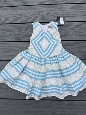 Halabaloo White and Light Blue Striped Floral Jacquard Party Dress